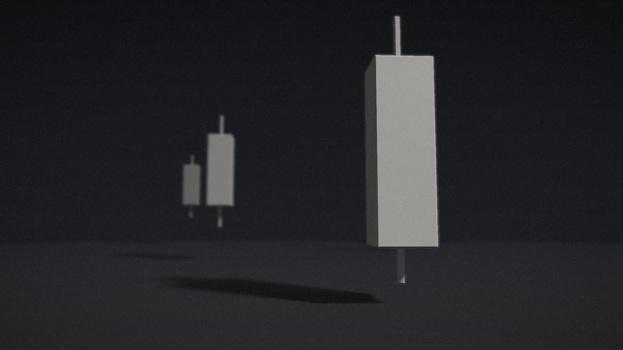 A bone-white candlestick monolith lit in a dark haze